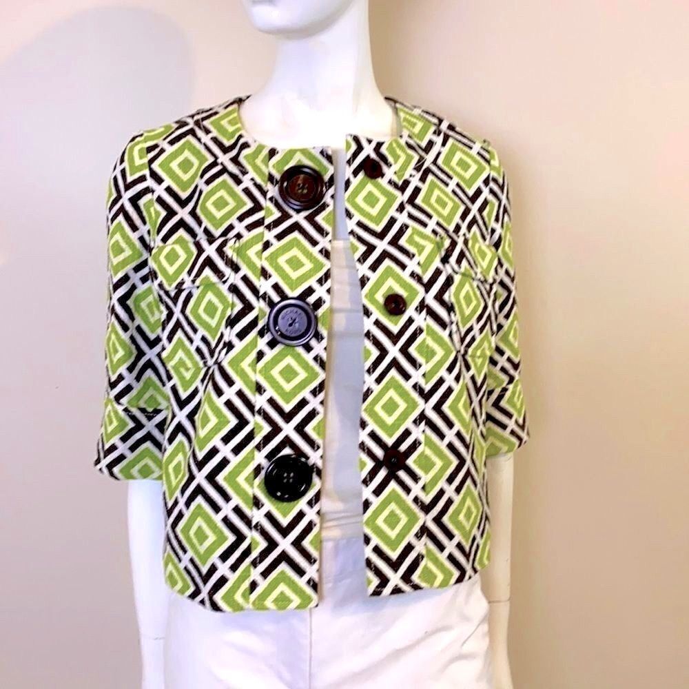 Michael Kors Jacket Lightweight Crop Lime Green Geometric Pattern Size XS